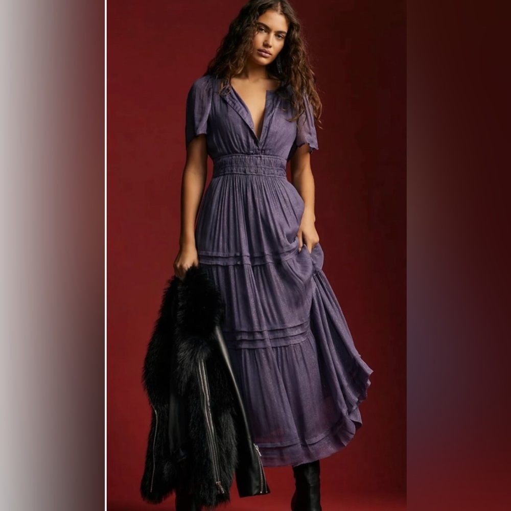 Anthropologie Elegant Black Pleated Midi Dress - Smocked Waist & Flutter Size LP